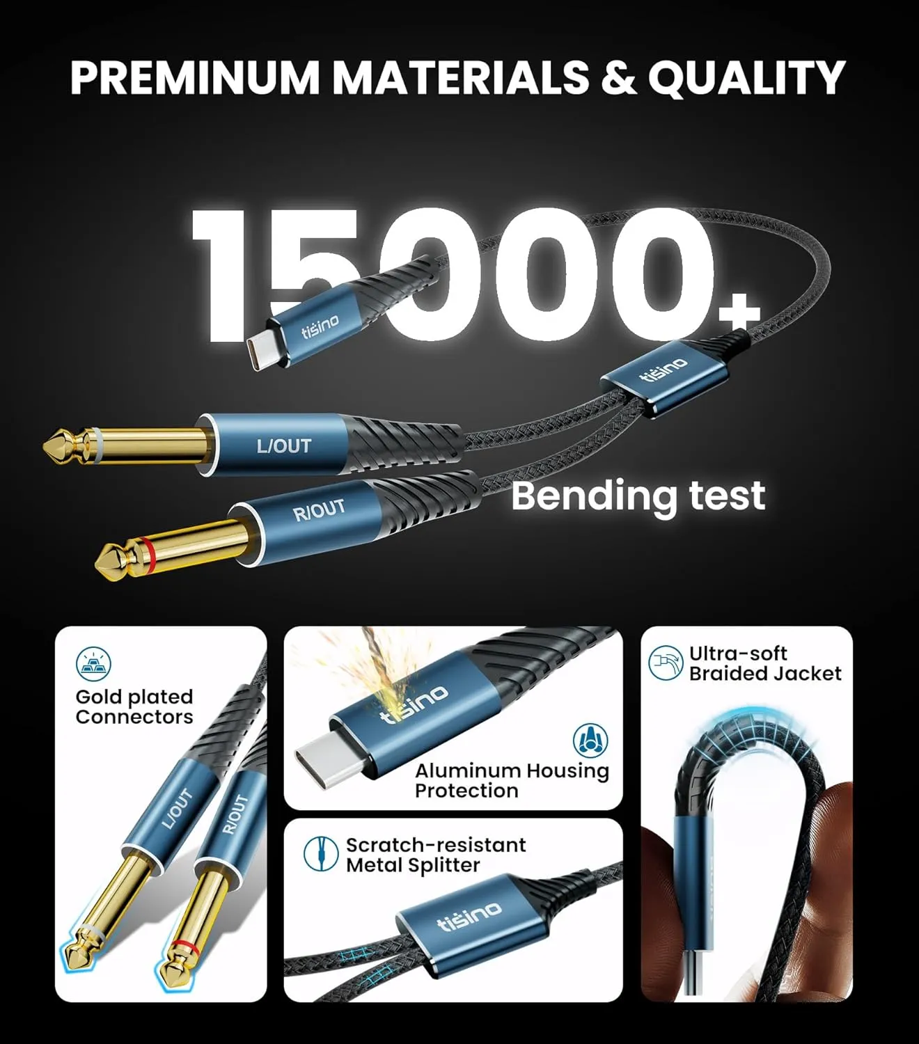 Tisino USB C to 1/4 inch Audio Cable, USB Type C to Dual TS Mono Cable, USB C to AUX Audio Cable for Smartphone, Tablet, Laptop Link to Amplifier, Mixing Console Mixer, Speaker - 10FT