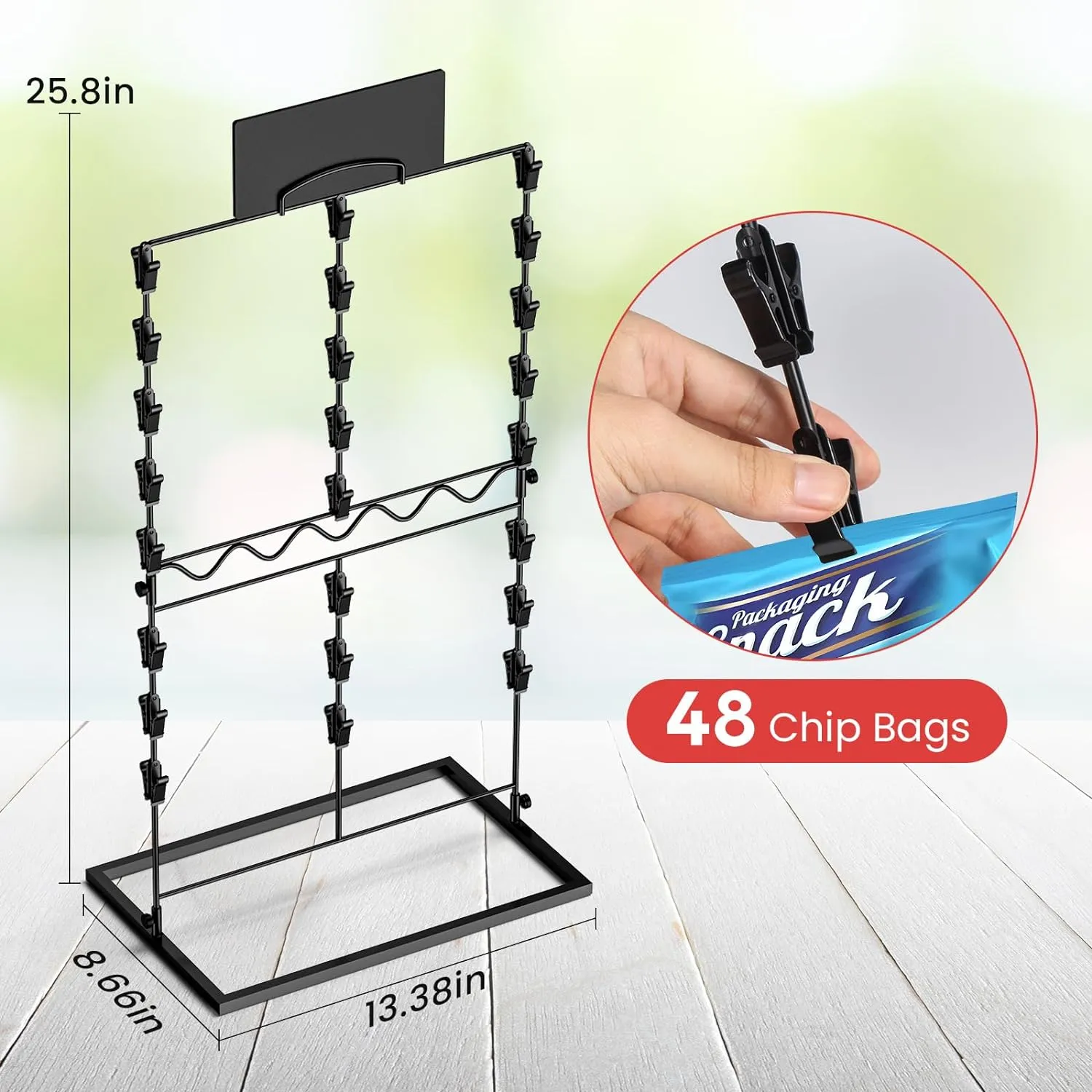 TJ.MOREE Chip Rack Display Stand, Chip Bag Holder for Party Display 3-Row 48 Clips Countertop Snack Hanger, Snack Retail Display Rack