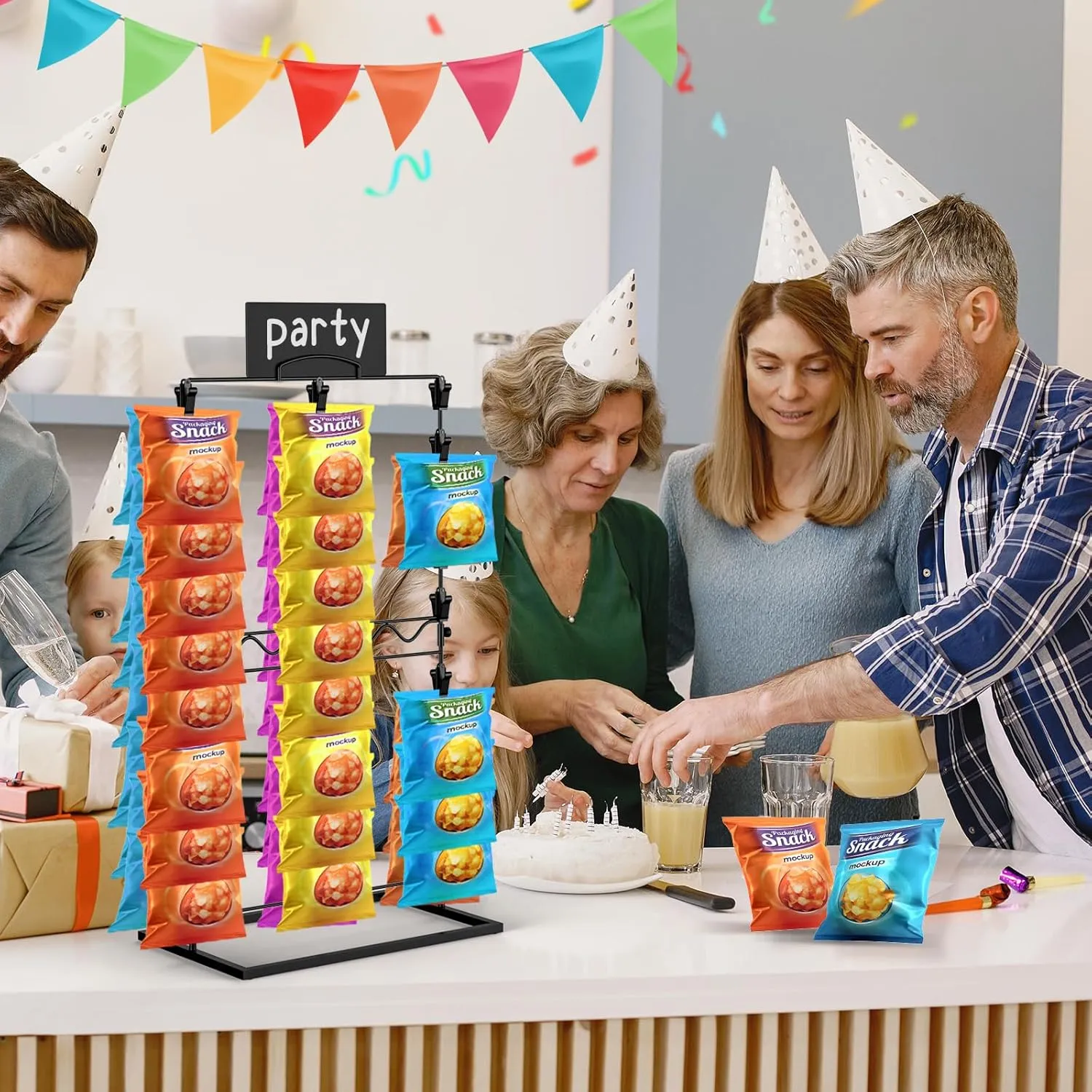 TJ.MOREE Chip Rack Display Stand, Chip Bag Holder for Party Display 3-Row 48 Clips Countertop Snack Hanger, Snack Retail Display Rack