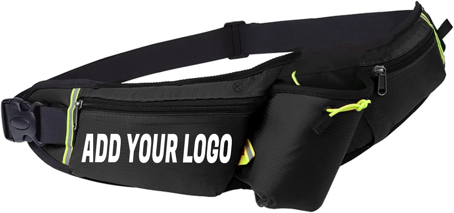 TOPTIE Custom Printed Black Waist Bags with Water Bottle Holder, Unisex Fanny Pack for Running, Climbing, Travel (Add Your Logo)