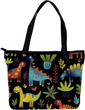Tote Bags, Large Tote Bag, Tote Bag with Zipper, Coconut Tree Flower Dinosaur Cartoon, Womens Tote Bag