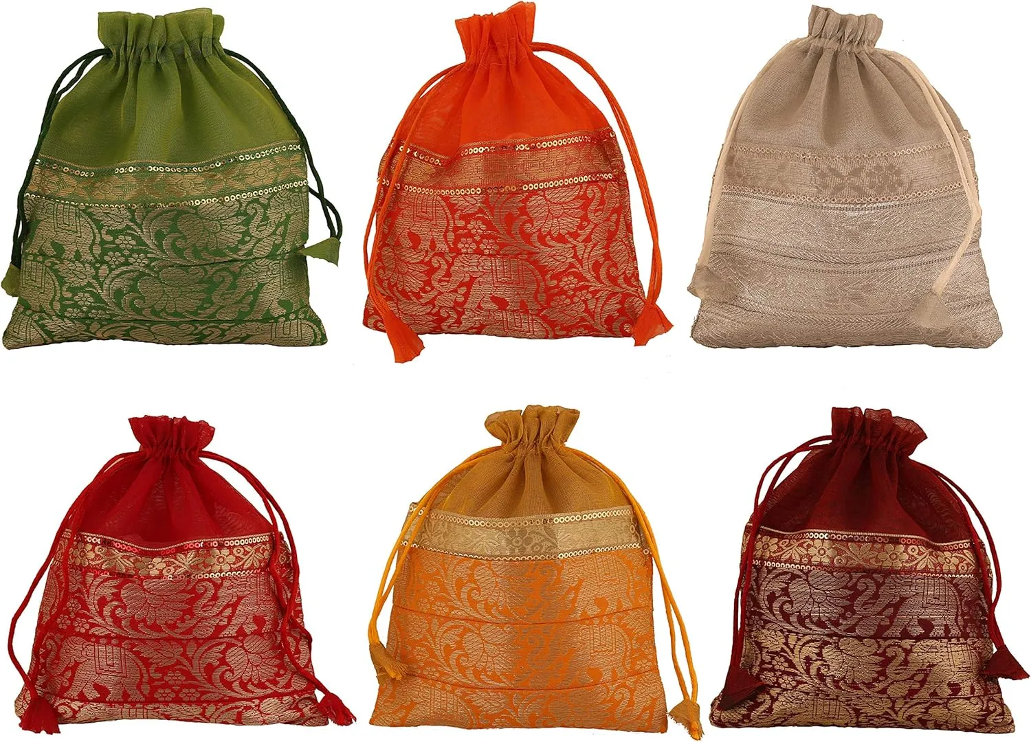 Touchstone Drawstring Bags Traditional Indian Handcrafted in Elephant Pattern Brocade fabric. Perfect for Gifts Jewelry Weddings Sweet Distribution Set of 6 Vibrant Multicolor Pouches Purses Potl