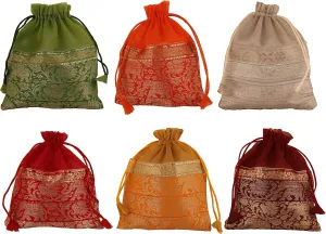 Touchstone Drawstring Bags Traditional Indian Handcrafted in Elephant Pattern Brocade fabric. Perfect for Gifts Jewelry Weddings Sweet Distribution Set of 6 Vibrant Multicolor Pouches Purses Potl