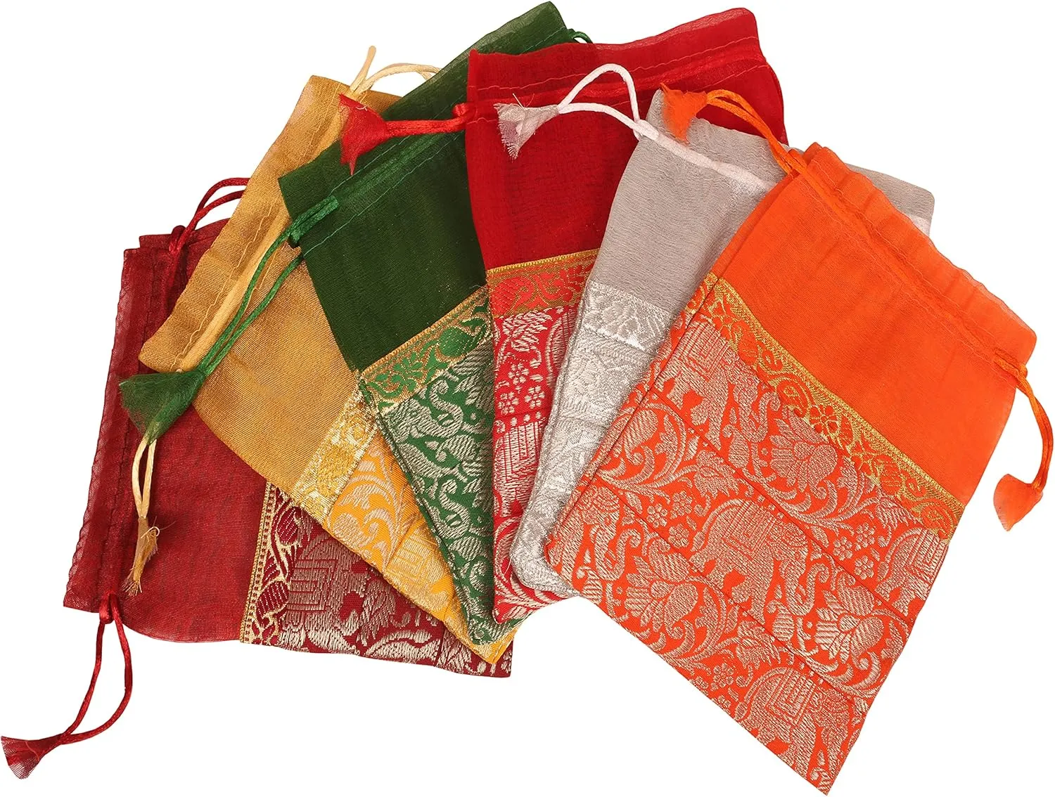 Touchstone Drawstring Bags Traditional Indian Handcrafted in Elephant Pattern Brocade fabric. Perfect for Gifts Jewelry Weddings Sweet Distribution Set of 6 Vibrant Multicolor Pouches Purses Potl
