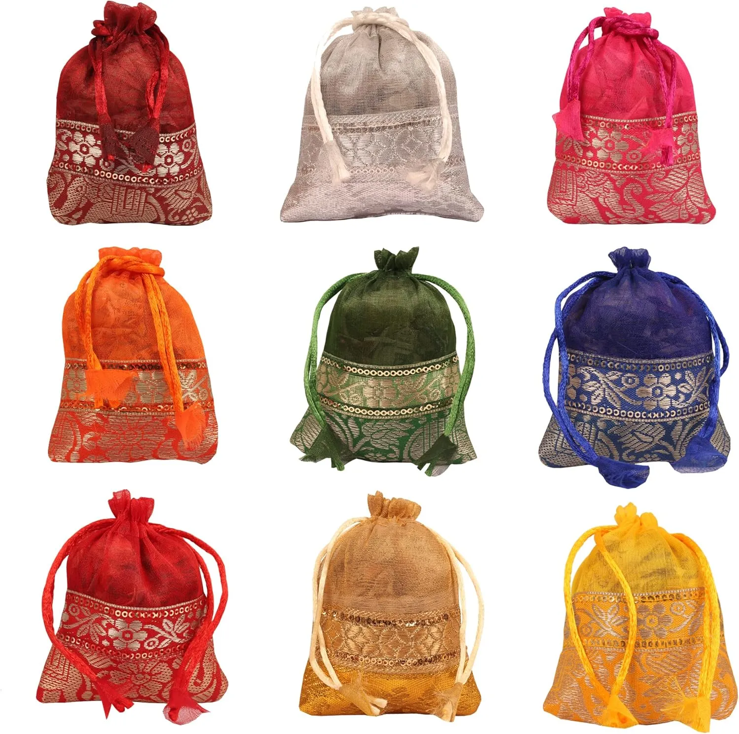 Touchstone Drawstring Bags Traditional Indian Handcrafted in Elephant Pattern Brocade fabric. Perfect for Gifts Jewelry Weddings Sweet Distribution Set of 9 Vibrant Multicolor Pouches Purses Potli.