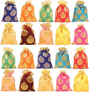 Touchstone Drawstring Bags Traditional Indian Handcrafted in Ficus Leaf Pattern Brocade fabric. Perfect for Gifts Jewelry Weddings Sweet Distribution Set of 20 Vibrant Multicolor Pouches Purses Potli