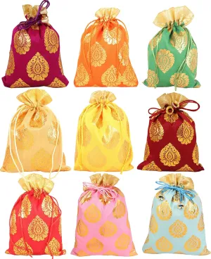 Touchstone Drawstring Bags Traditional Indian Handcrafted in Ficus Leaf Pattern Brocade fabric. Perfect for Gifts Jewelry Weddings Sweet Distribution Set of 9 Vibrant Multicolor Pouches Purses Potli