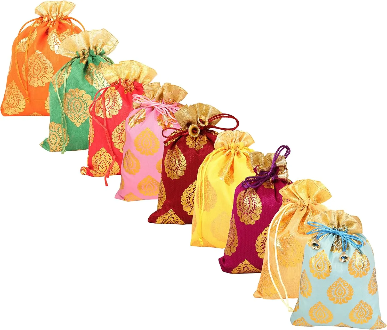 Touchstone Drawstring Bags Traditional Indian Handcrafted in Ficus Leaf Pattern Brocade fabric. Perfect for Gifts Jewelry Weddings Sweet Distribution Set of 9 Vibrant Multicolor Pouches Purses Potli
