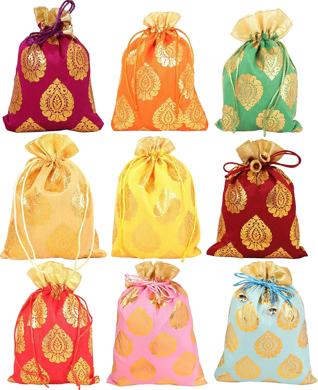 Touchstone Drawstring Bags Traditional Indian Handcrafted in Ficus Leaf Pattern Brocade fabric. Perfect for Gifts Jewelry Weddings Sweet Distribution Set of 9 Vibrant Multicolor Pouches Purses Potli
