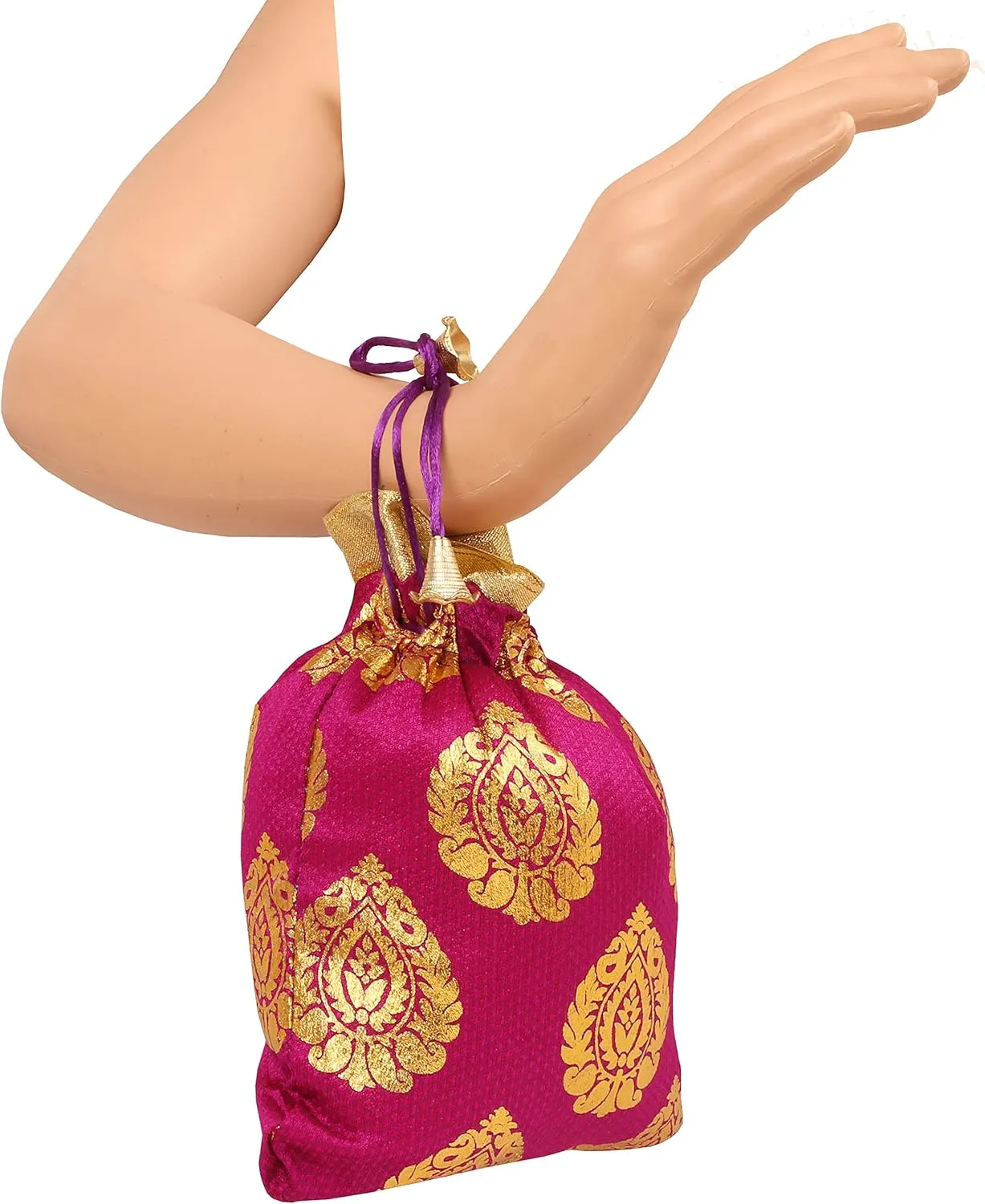 Touchstone Drawstring Bags Traditional Indian Handcrafted in Ficus Leaf Pattern Brocade fabric. Perfect for Gifts Jewelry Weddings Sweet Distribution Set of 9 Vibrant Multicolor Pouches Purses Potli