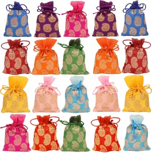 Touchstone Drawstring Bags Traditional Indian Handcrafted in Paisley Pattern Brocade fabric. Perfect for Gifts Jewelry Weddings Sweet Distribution Set of 20 Vibrant Multicolor Pouches Purses Potli.