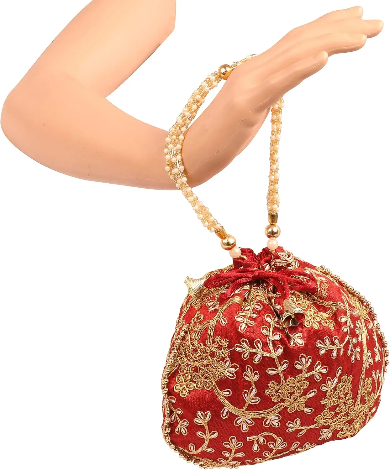 Touchstone Traditional Indian Hand Embroidered Shopping Gifts Jewelry Wedding Faux Pearls Strings Drawstring Bag for Women.