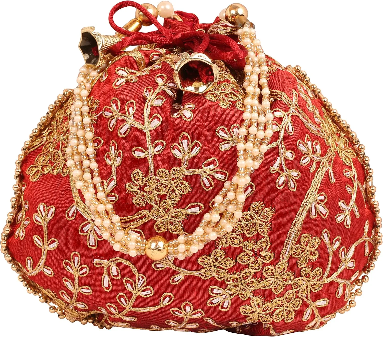 Touchstone Traditional Indian Hand Embroidered Shopping Gifts Jewelry Wedding Faux Pearls Strings Drawstring Bag for Women.