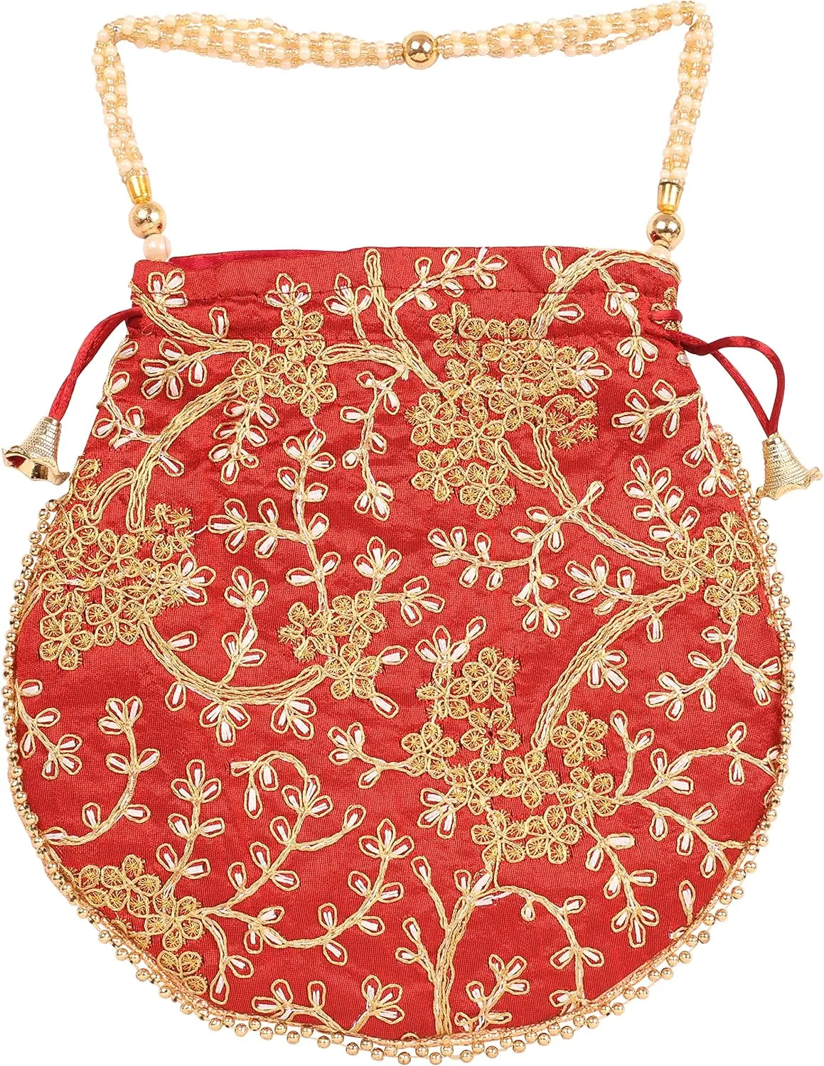 Touchstone Traditional Indian Hand Embroidered Shopping Gifts Jewelry Wedding Faux Pearls Strings Drawstring Bag for Women.
