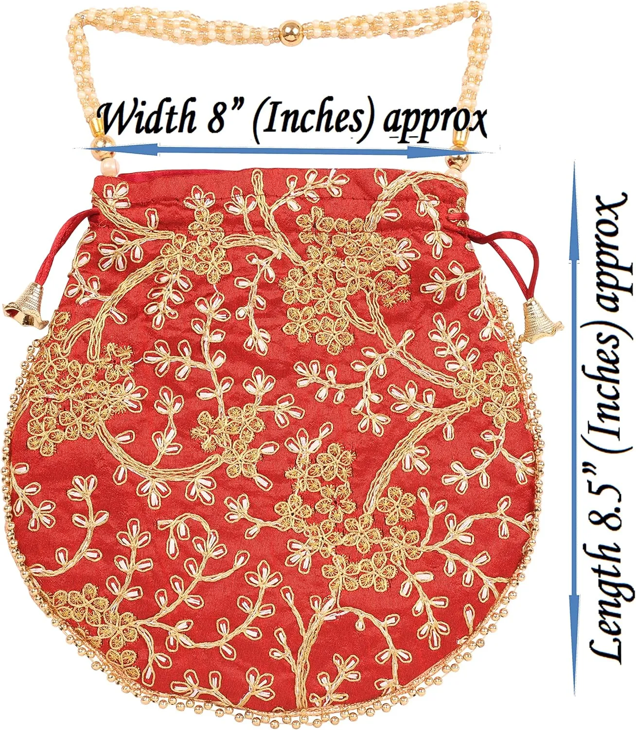 Touchstone Traditional Indian Hand Embroidered Shopping Gifts Jewelry Wedding Faux Pearls Strings Drawstring Bag for Women.