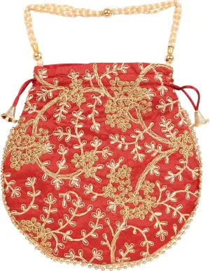 Touchstone Traditional Indian Hand Embroidered Shopping Gifts Jewelry Wedding Faux Pearls Strings Drawstring Bag for Women.