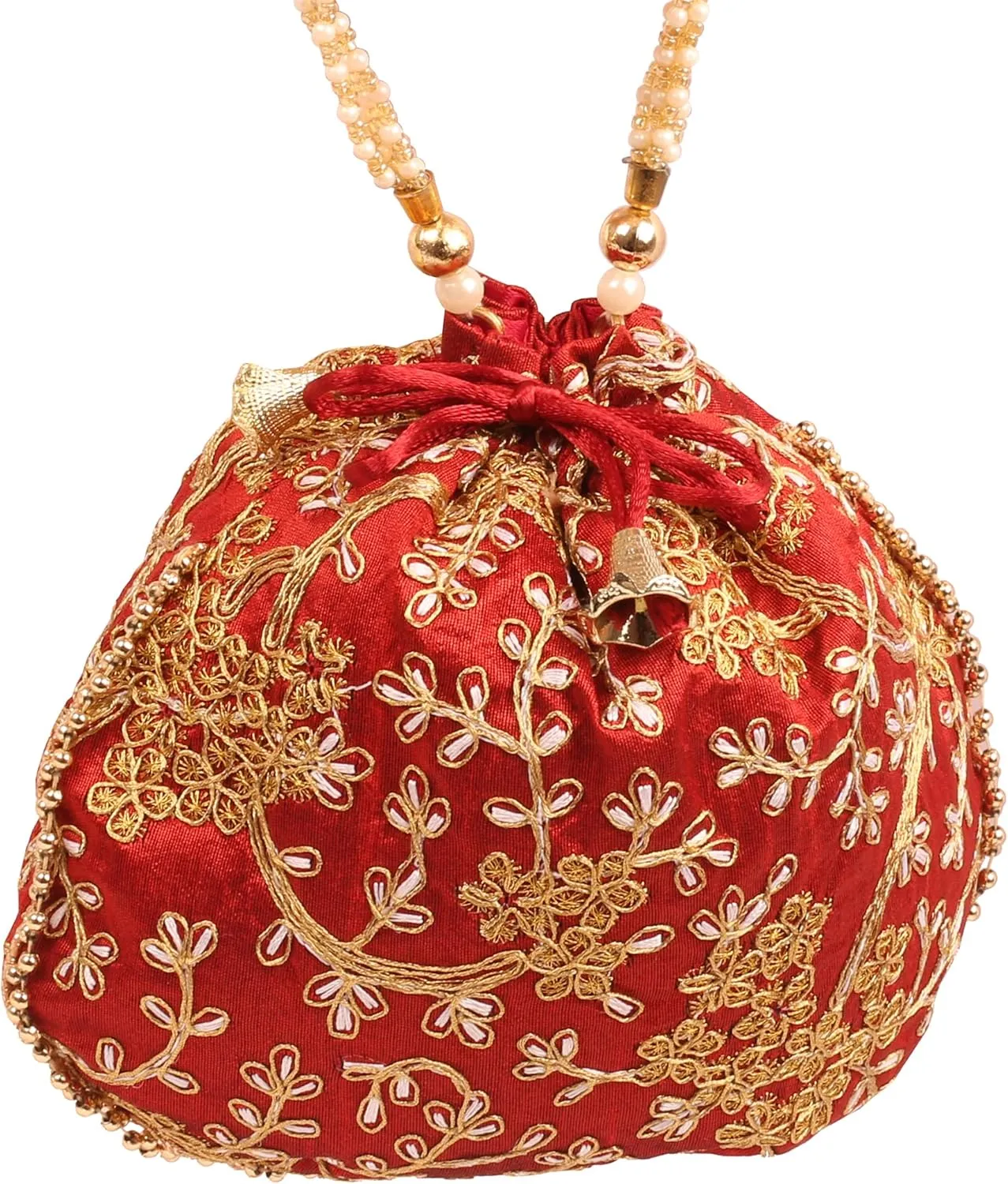 Touchstone Traditional Indian Hand Embroidered Shopping Gifts Jewelry Wedding Faux Pearls Strings Drawstring Bag for Women.