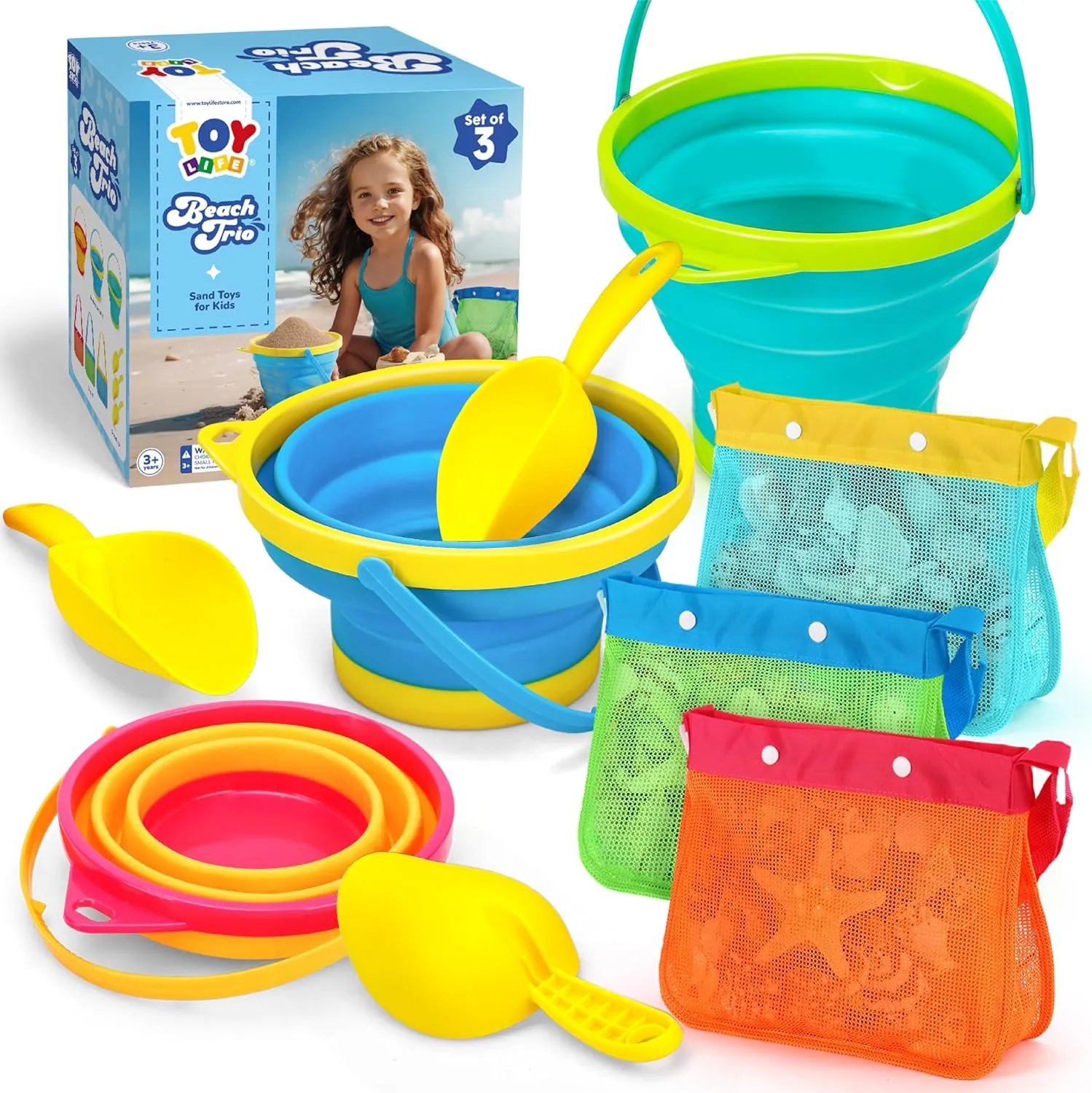 TOY Life Collapsible Beach Toys for Kids Ages 8-12 with 3 Seashell Bags, Sand Toys for Kids Ages 4-8, Toddler Beach Toys, Collapsible Sand Bucket and Shovels,
