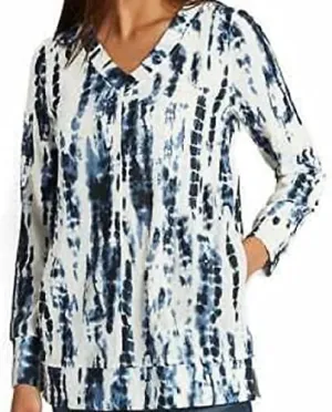 Tracy Ellen Women's V-Neck Tunic Blue & White Tie Dye (TIE DYE, Medium)