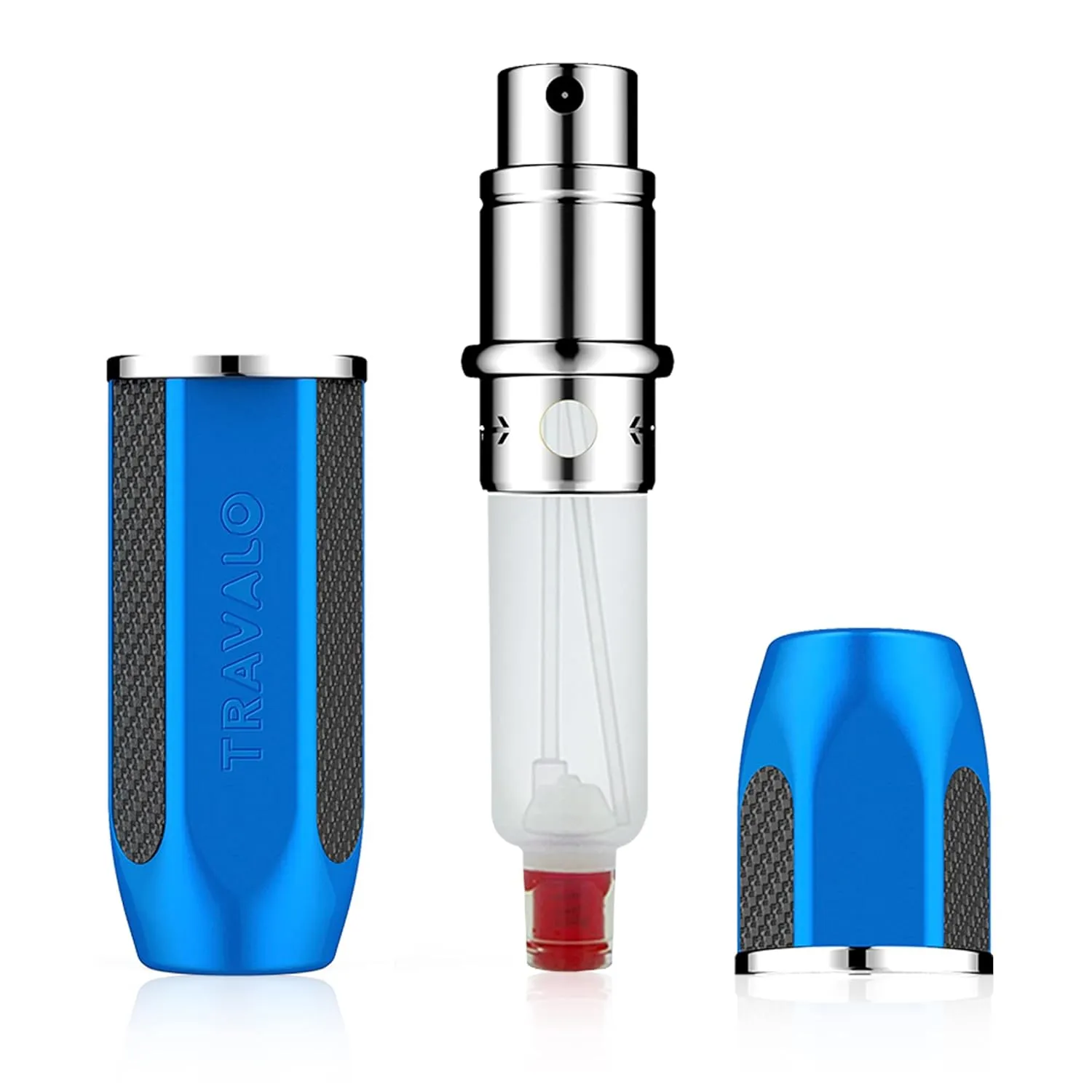 Travalo Vector Travel Perfume Atomizer with U-Change System - Leak-Proof and TSA Approved for Air Travel - Stylish Mini Perfume Refillable Bottle with Case - Blue 0.17oz