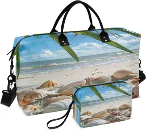 Travel Duffel Bag Large Weekender Overnight Bags for Women Men, Sandy Beach Shell Gym Bag with Toiletry Bag