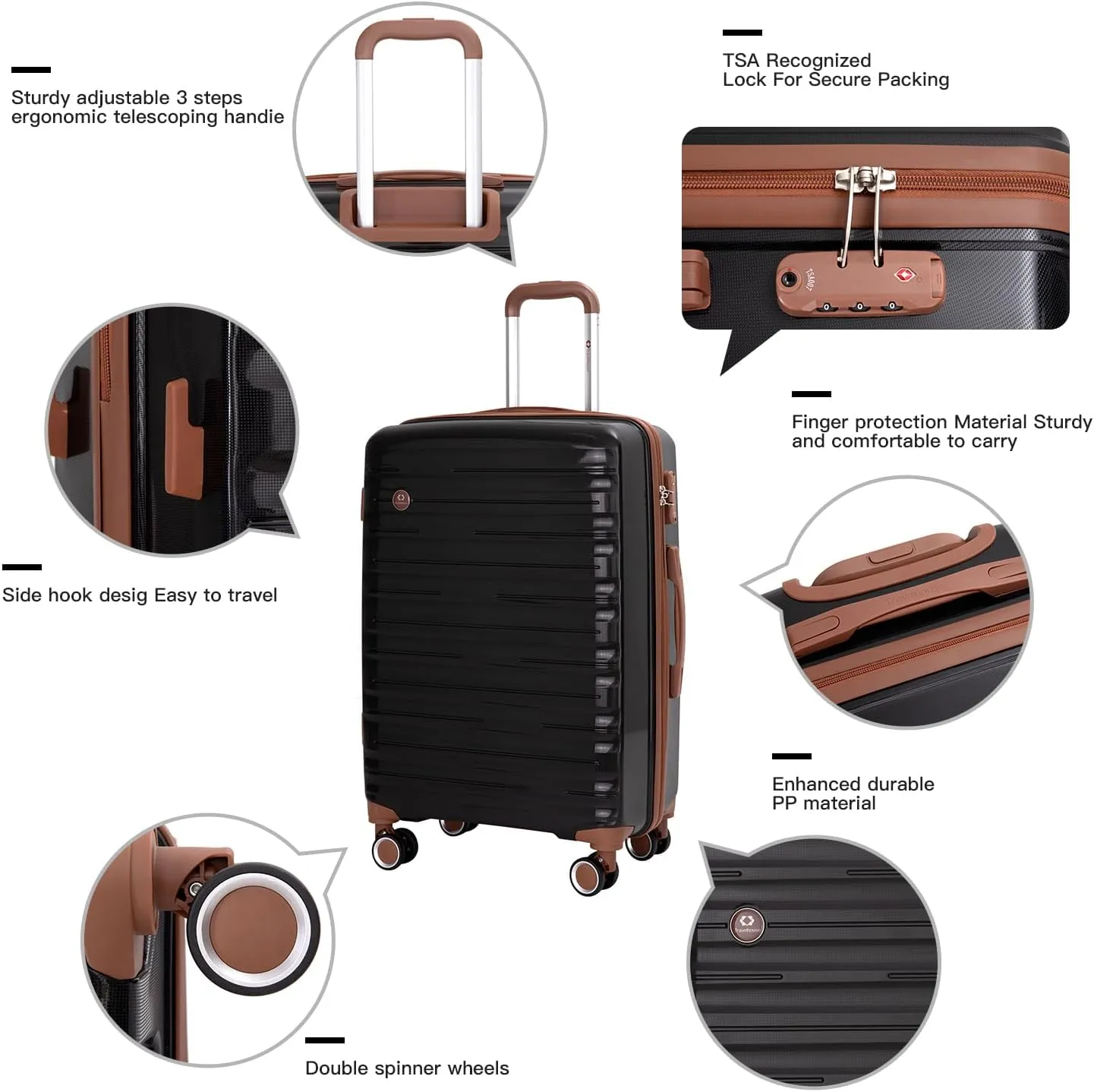 Travelhouse Luggage Sets 5 Piece Suitcases with Wheels ABS Hardshell Suitcase Set Spinner Wheels Carry on Suitcase with TSA Lock Durable Waterproof Travel Luggage (BLACK)