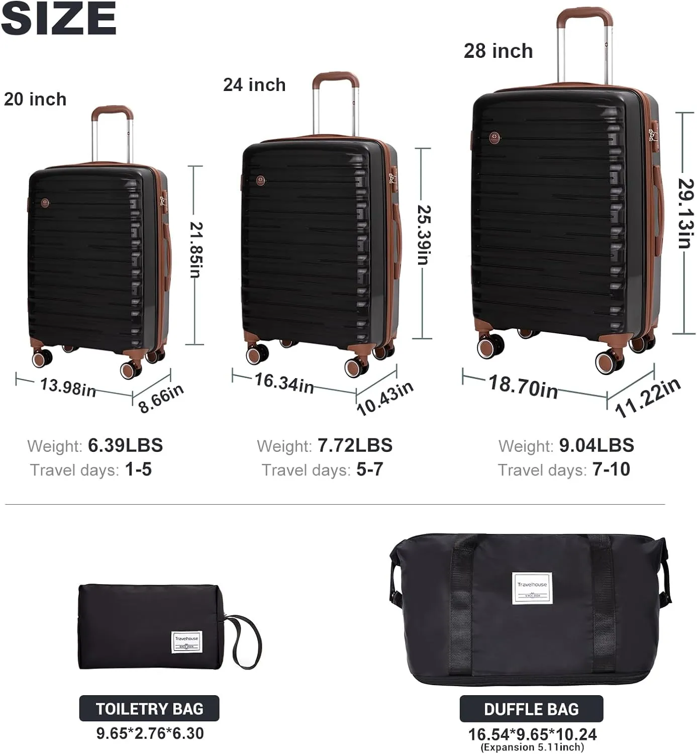 Travelhouse Luggage Sets 5 Piece Suitcases with Wheels ABS Hardshell Suitcase Set Spinner Wheels Carry on Suitcase with TSA Lock Durable Waterproof Travel Luggage (BLACK)