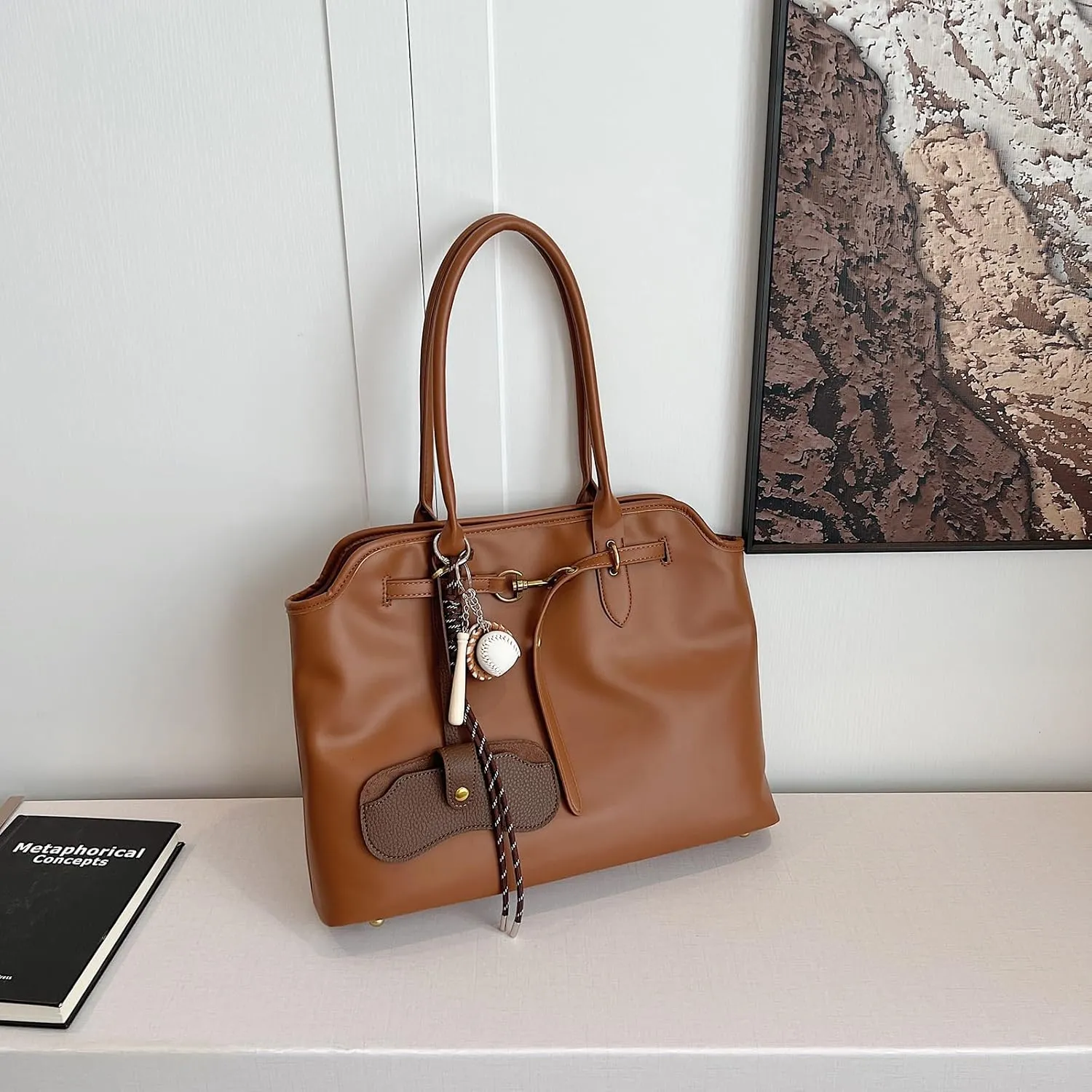 Trendy Tote Bag for Women PU Leather Vintage Work Tote Top Handle Travel Handbag