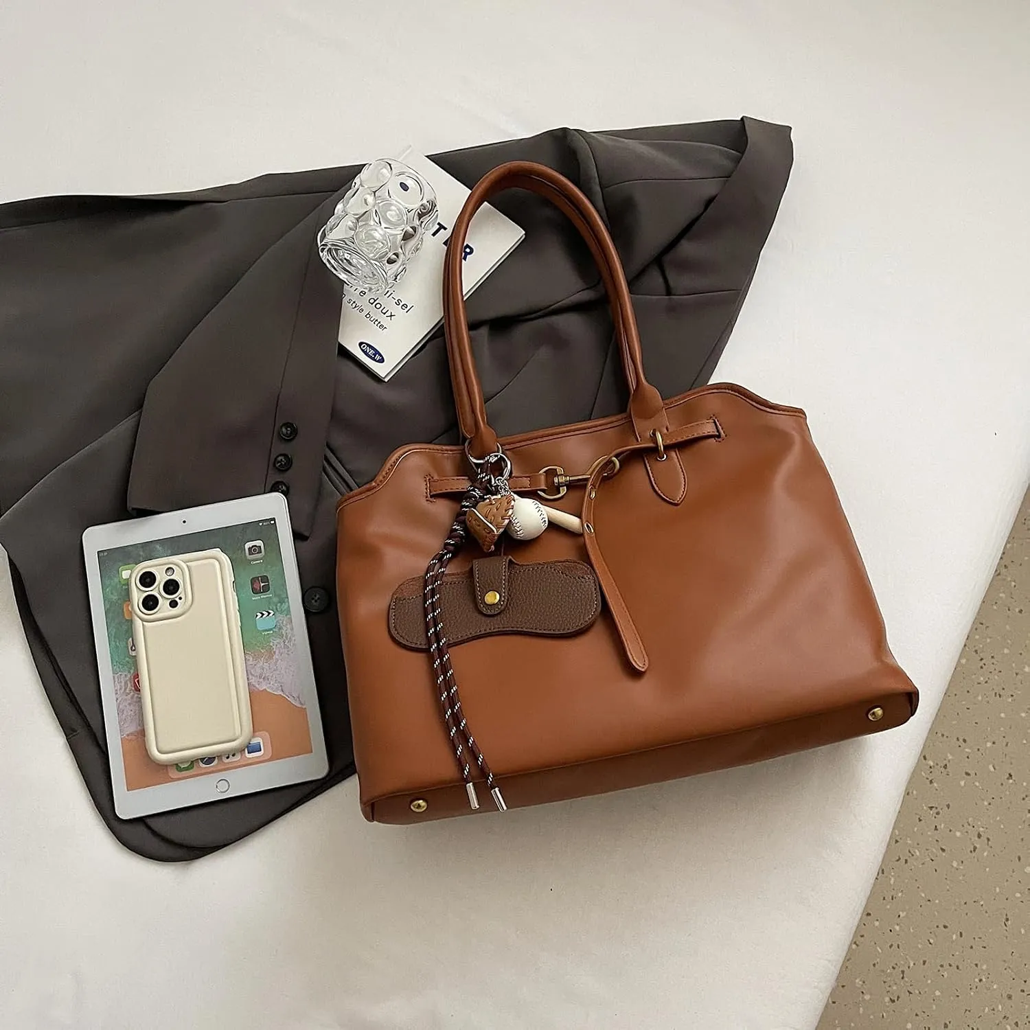 Trendy Tote Bag for Women PU Leather Vintage Work Tote Top Handle Travel Handbag