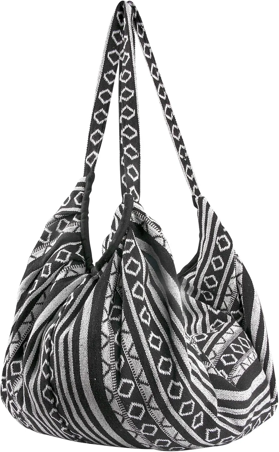 Tribe Azure Jacquard Cotton Shoulder Banana Style Fashion Travel Canvas Tote Bag Hobo Style Casual Market Purse Handbag (Black White)