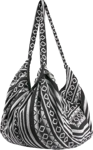 Tribe Azure Jacquard Cotton Shoulder Banana Style Fashion Travel Canvas Tote Bag Hobo Style Casual Market Purse Handbag (Black White)