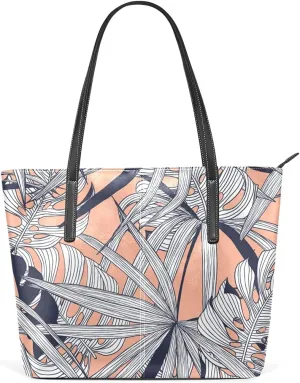 Tropic Leaves Tote Bag for Women Leather Shoulder Handbag with Zipper and Pockets Fashion Casual Handle Bag Purse for Travel Beach Working Laptop School Gym Shopping
