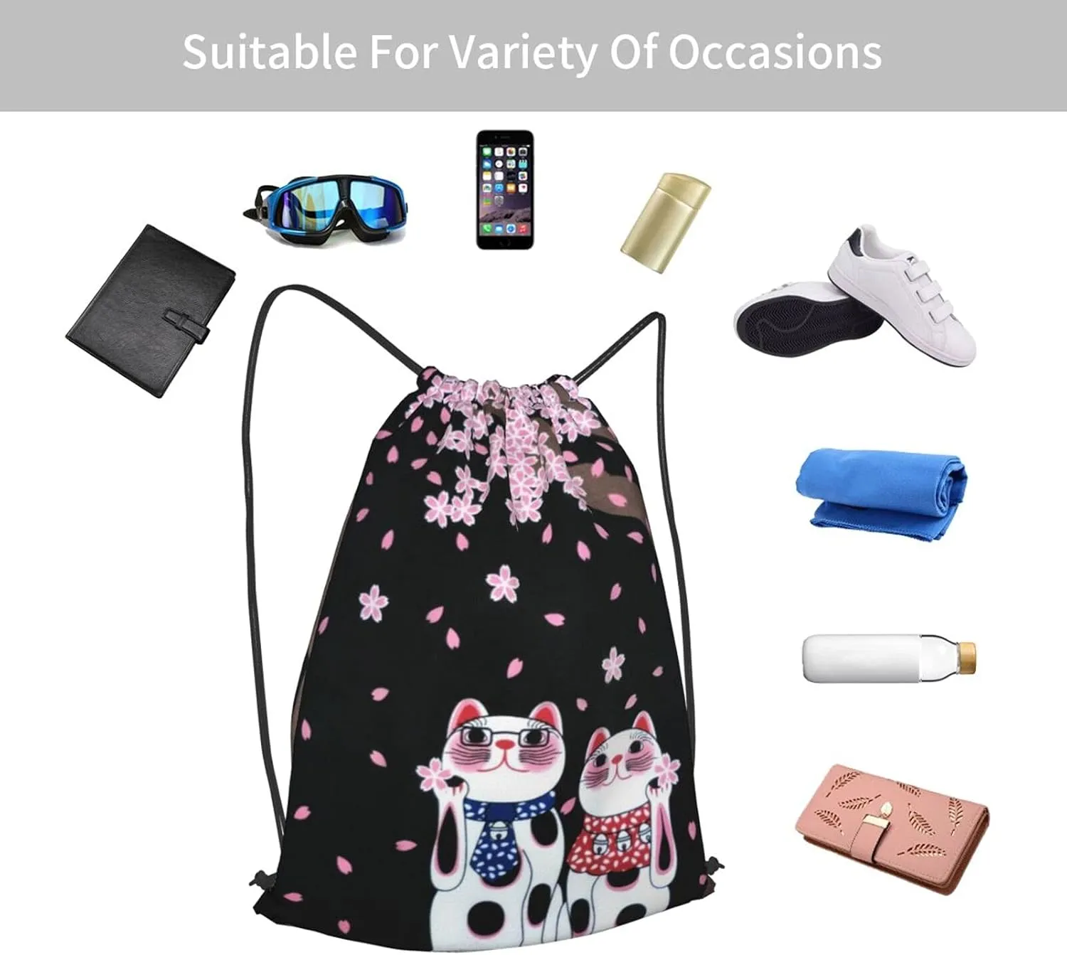 TumzfhQ Drawstring Backpack String Bag Sports Sackpack Gym Cinch Beach Travel Sack for Men Women Children Cat under the cherry blossom tree