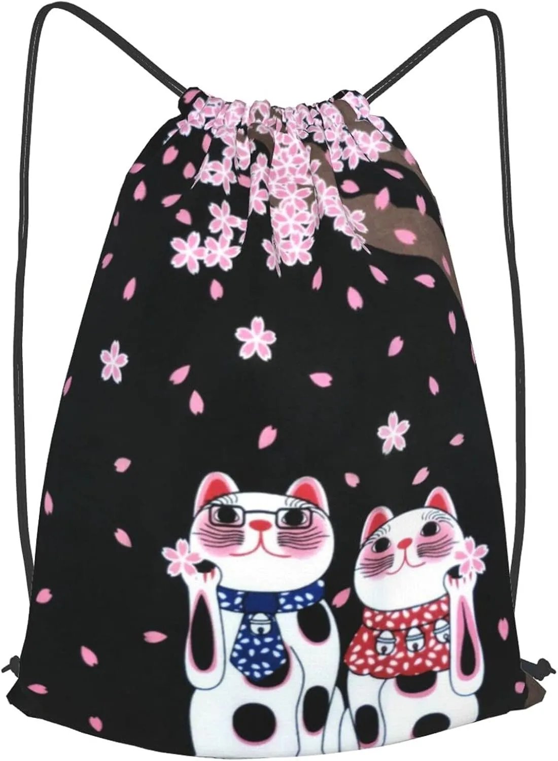 TumzfhQ Drawstring Backpack String Bag Sports Sackpack Gym Cinch Beach Travel Sack for Men Women Children Cat under the cherry blossom tree