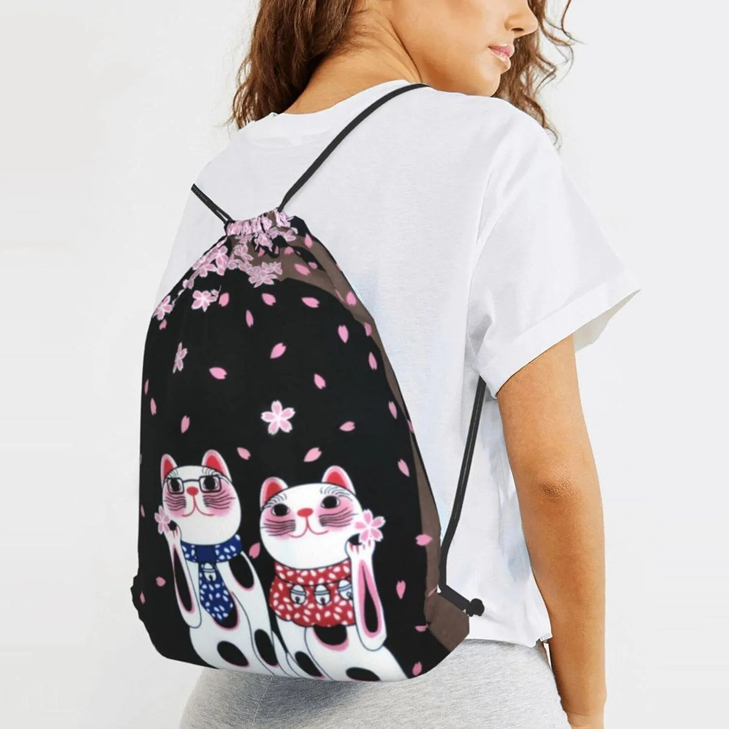 TumzfhQ Drawstring Backpack String Bag Sports Sackpack Gym Cinch Beach Travel Sack for Men Women Children Cat under the cherry blossom tree