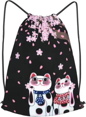 TumzfhQ Drawstring Backpack String Bag Sports Sackpack Gym Cinch Beach Travel Sack for Men Women Children Cat under the cherry blossom tree