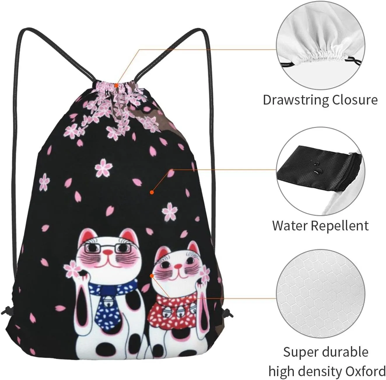 TumzfhQ Drawstring Backpack String Bag Sports Sackpack Gym Cinch Beach Travel Sack for Men Women Children Cat under the cherry blossom tree
