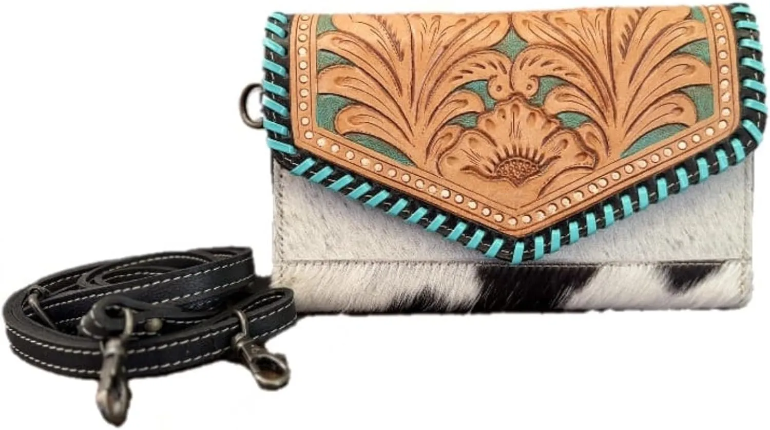 Turquoise Jacquard Fabric Handbag with Fringe Detailing and Single Strap