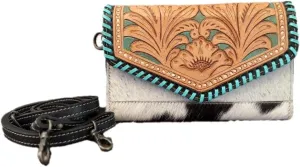 Turquoise Jacquard Fabric Handbag with Fringe Detailing and Single Strap