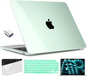 TWOLSKOO Compatible with M4 MacBook Air 15 inch Case 2025-2023 Release M4 A3241 M3 A3114 M2 A2941, Plastic Hard Shell&Screen Protector&Keyboard Cover&Trackpad Film&Type C Adapter, Crystal Green