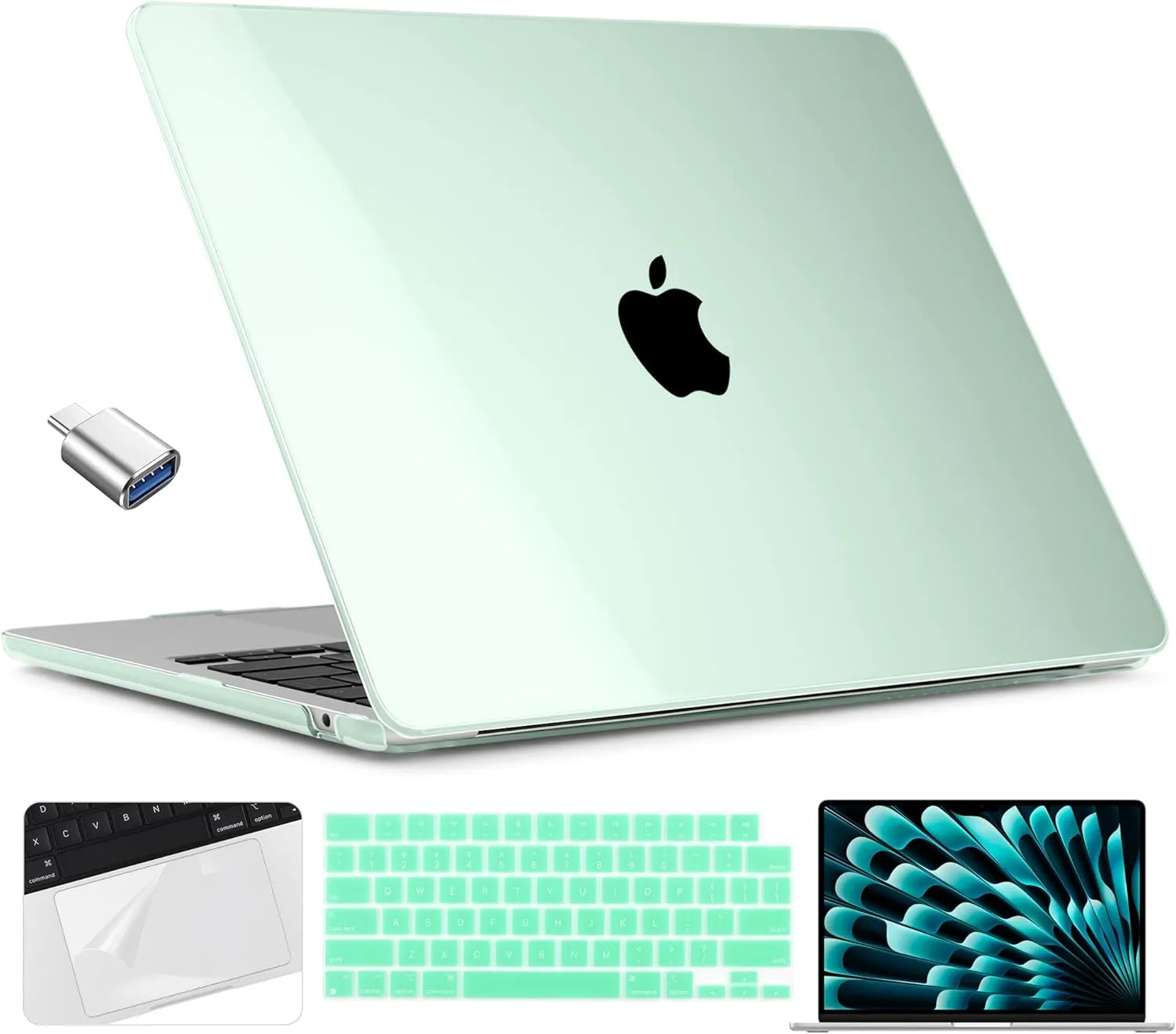 TWOLSKOO Compatible with M4 MacBook Air 15 inch Case 2025-2023 Release M4 A3241 M3 A3114 M2 A2941, Plastic Hard Shell&Screen Protector&Keyboard Cover&Trackpad Film&Type C Adapter, Crystal Green