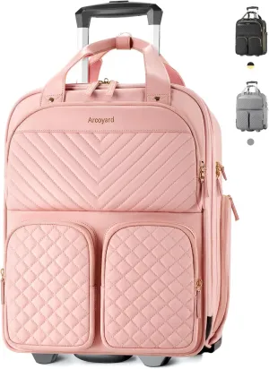 Underseat Carry On Luggage with Wheels, Airline Approved Personal Item Bag, Multiple Compartment Travel Carry-On with Leather Handle, Soft Side Lightweight Rolling Suitcase for Women, Pink, L