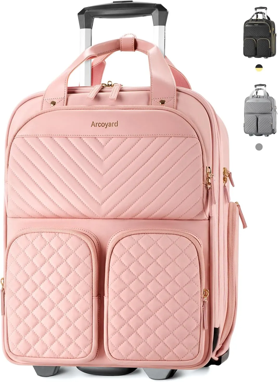 Underseat Carry On Luggage with Wheels, Airline Approved Personal Item Bag, Multiple Compartment Travel Carry-On with Leather Handle, Soft Side Lightweight Rolling Suitcase for Women, Pink, L