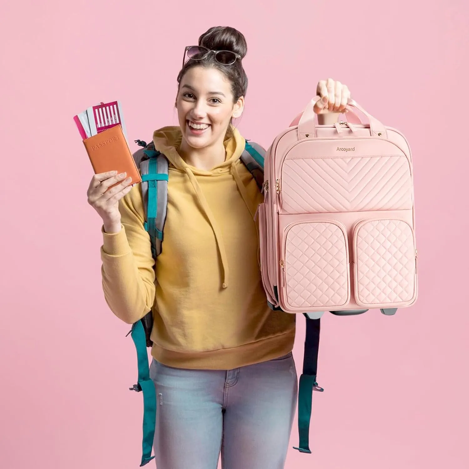 Underseat Carry On Luggage with Wheels, Airline Approved Personal Item Bag, Multiple Compartment Travel Carry-On with Leather Handle, Soft Side Lightweight Rolling Suitcase for Women, Pink, L