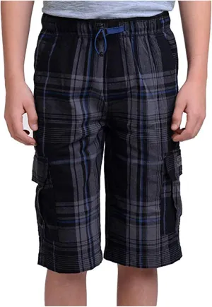 UNIONBAY Boys' 100% Cotton Cargo Short with Pull On, Elastic Waist (Black Plaid, 6)