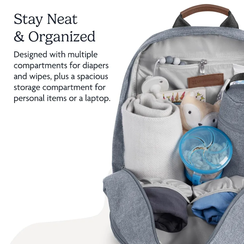 UPPAbaby Changing Backpack / Multiple Storage Compartments / Stroller Strap Attachment / Bottle Insulator and Changing Pad Included / Gregory (Blue Mélange / Saddle Leather)