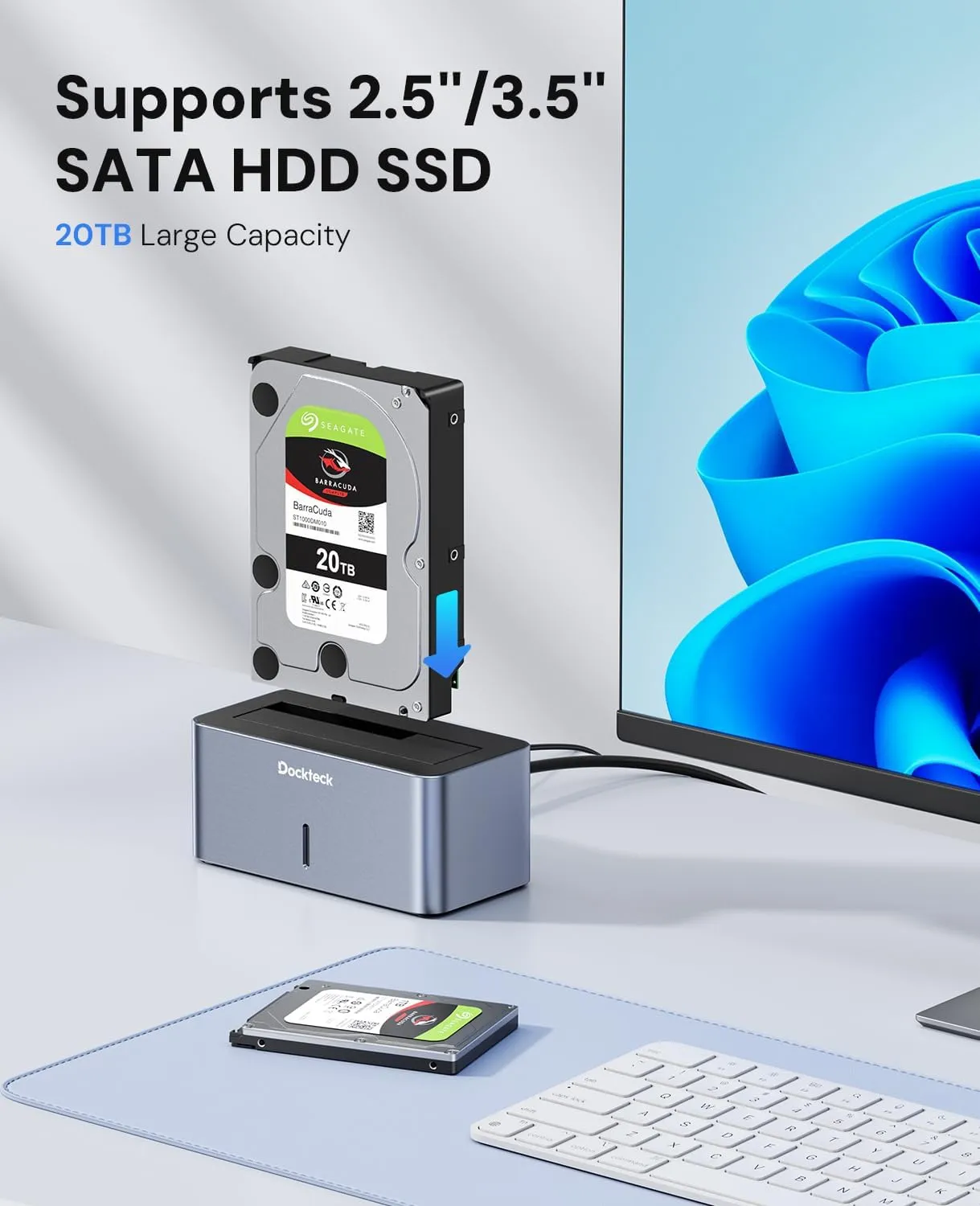 USB 3.0 to SATA External Hard Drive Docking Station, dockteck 2.5/3.5 Inch SATA HDD & SSD 5Gbps Aluminum Docking Station, Support UASP