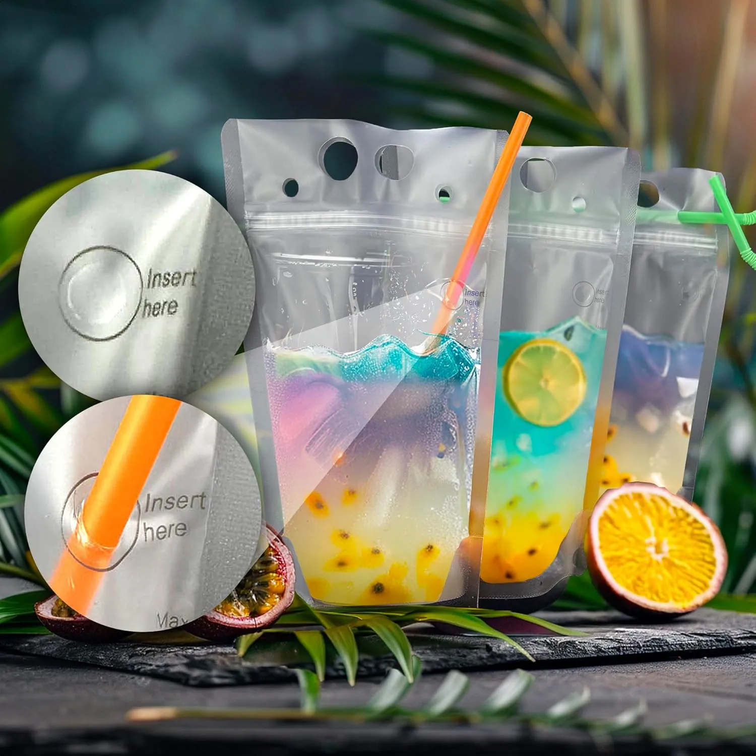 UTILE 30PCS Drink Pouches for Adults with Individually Wrapped Colorful Straws, Reclosable Zipper Smoothie Drink Bags with Multiple Texts – Heavy Duty Hand Held Translucent with Funnel Included
