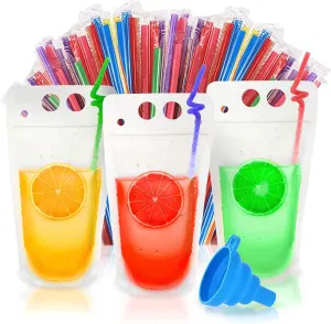 UTILE 30PCS Drink Pouches for Adults with Individually Wrapped Colorful Straws, Reclosable Zipper Smoothie Drink Bags with Multiple Texts – Heavy Duty Hand Held Translucent with Funnel Included