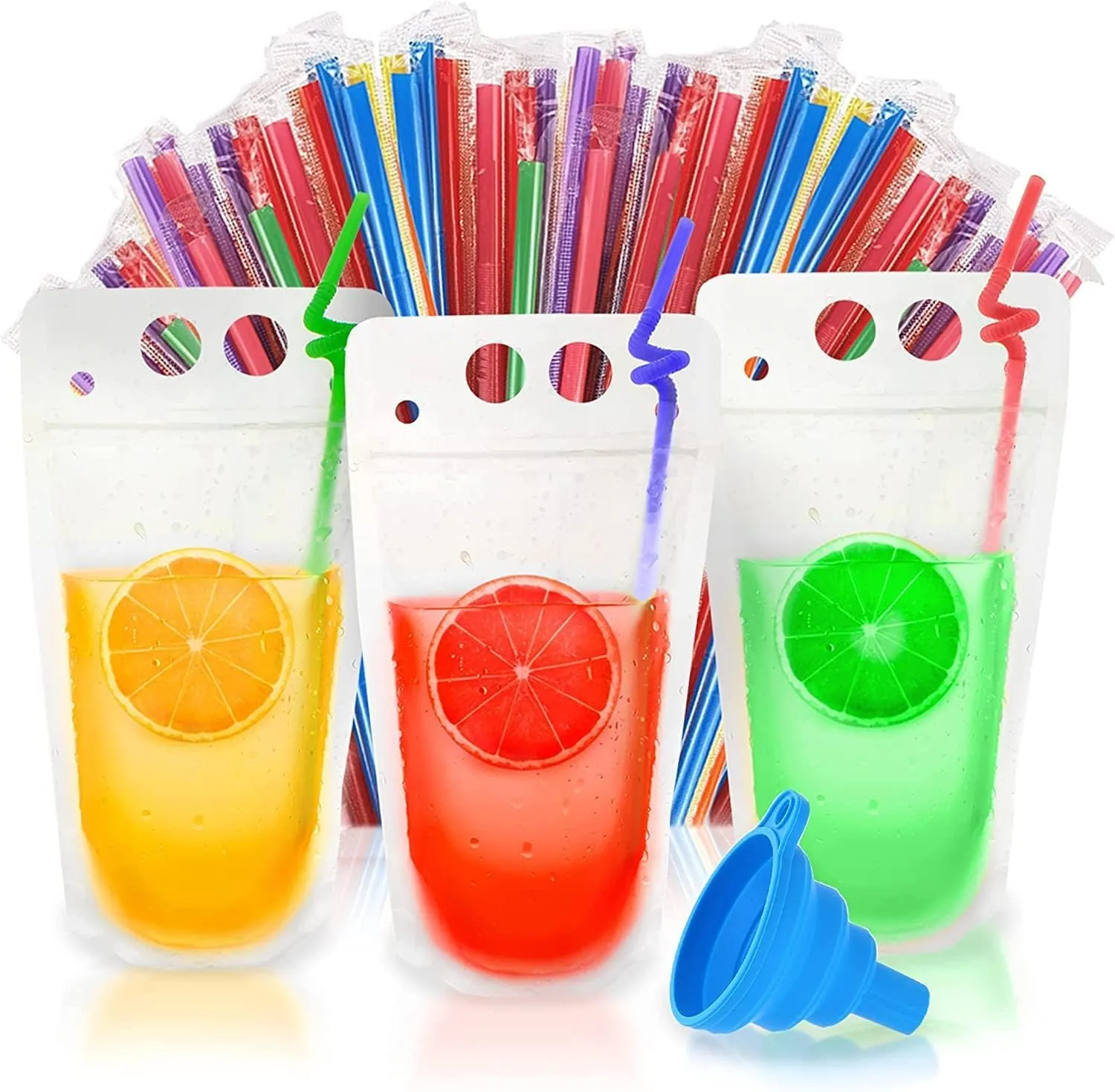 UTILE 30PCS Drink Pouches for Adults with Individually Wrapped Colorful Straws, Reclosable Zipper Smoothie Drink Bags with Multiple Texts – Heavy Duty Hand Held Translucent with Funnel Included